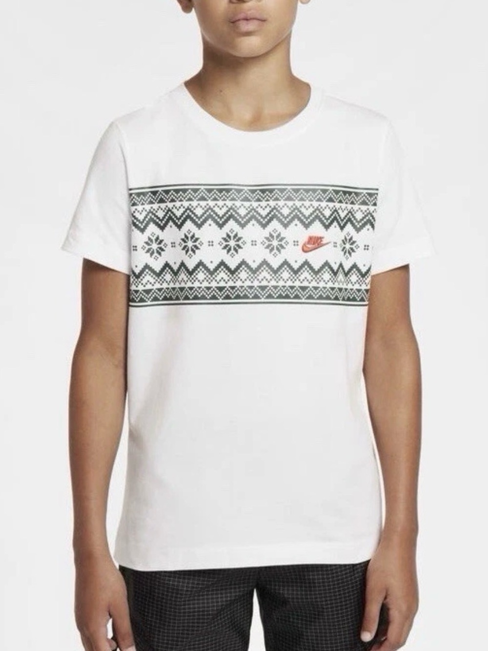 Nike White Short Sleeve Tee with Green Fair Isle Chest and Small Red Swoosh